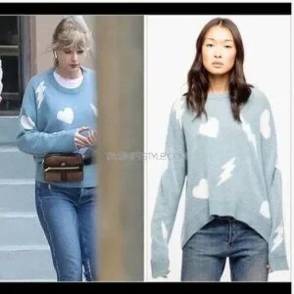 Zadig & Voltaire Marcus Bis C Pure Cashmere Blue White Graphic Heart Sweater M - Picture 1 of 12